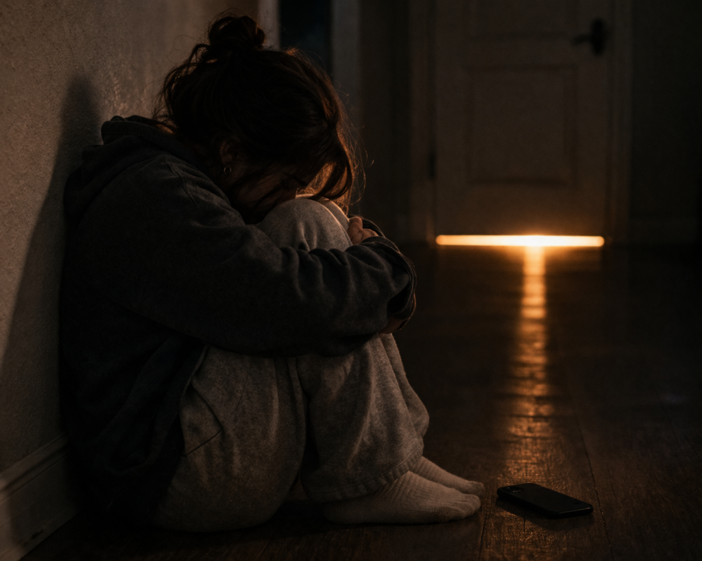 Ultra realistic 4K cinematic editorial photograph, a young woman sitting alone on the floor with her back against a wall in a dimly lit room, knees pulled up to her chest and arms wrapped around them in a self-comforting posture, head slightly bowed, face not fully visible suggesting introspection rather than performance, she is wearing casual everyday clothes suggesting this is a real unposed moment not a fashion shoot, a single smartphone lies face down on the floor beside her suggesting a difficult conversation just ended or a message just received, the only light source is a thin strip of warm amber light coming from under a closed door in the background casting a narrow rectangle of hope across the dark floor, the contrast between the darkness surrounding her and that distant strip of light is the emotional core of the image, shallow depth of field with soft focus on her figure while the door light remains sharp in the background, no dramatic crying no tears visible just quiet overwhelming weight, premium cinematic photography aesthetic, heavy film grain, muted desaturated tones except for the warm amber door light, the feeling should be that specific kind of sadness that is silent and heavy not loud, deeply human and recognizable