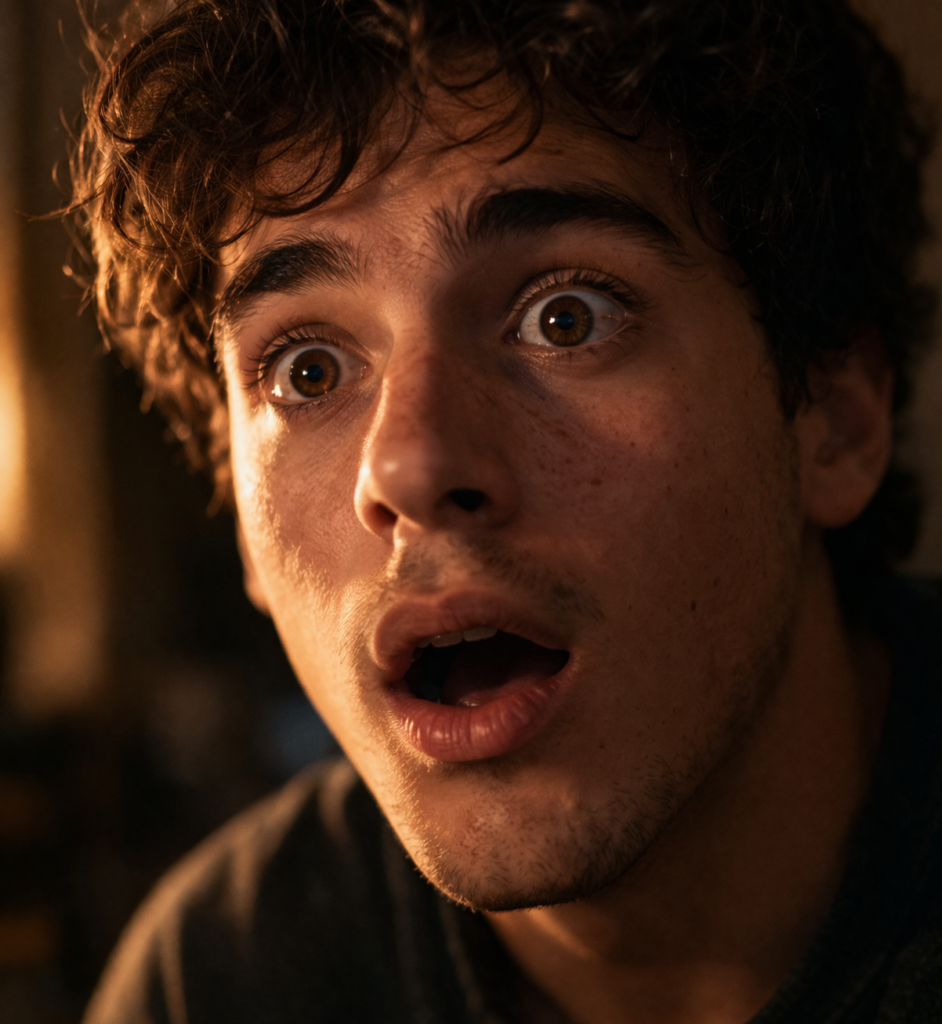 Rosto de jovem em expressão genuína de surpresa representando como conteúdo inesperado ativa atenção imediata e viraliza nas redes sociais