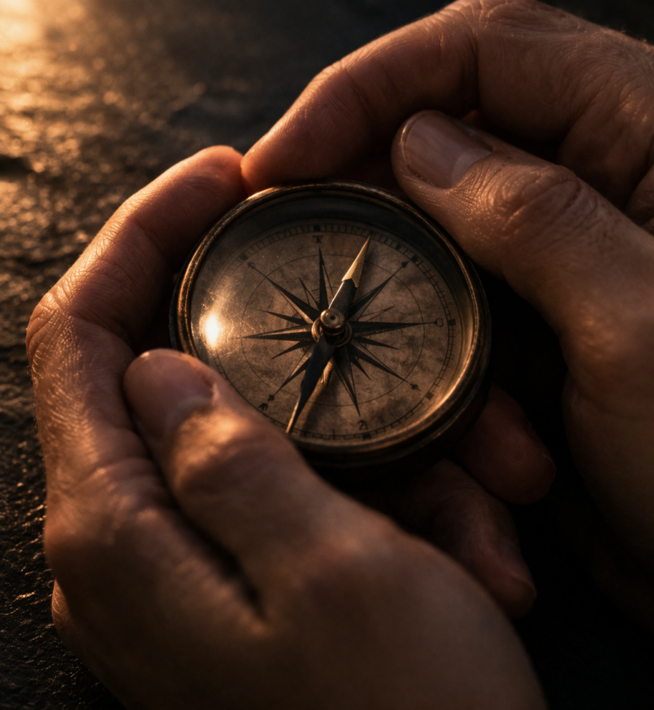 Mãos segurando bússola representando como aplicar gatilhos emocionais nas redes sociais com estratégia e ética sem manipular a audiência