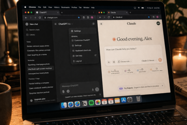 Tela de MacBook mostrando ChatGPT e Claude abertos lado a lado representando o processo de migração entre as duas plataformas de IA