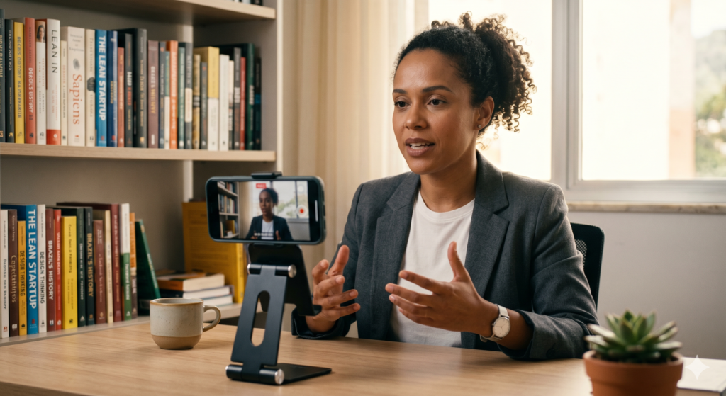 Prestador de serviços gravando Reels de autoridade em ambiente profissional representando a frequência de três a quatro Reels por semana recomendada para este nicho no Instagram