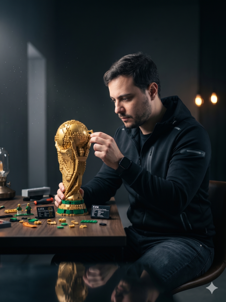 Man in a black hoodie carefully assembling a detailed LEGO World Cup trophy at a table, surrounded by scattered pieces, in a dark cinematic setting with focused lighting.