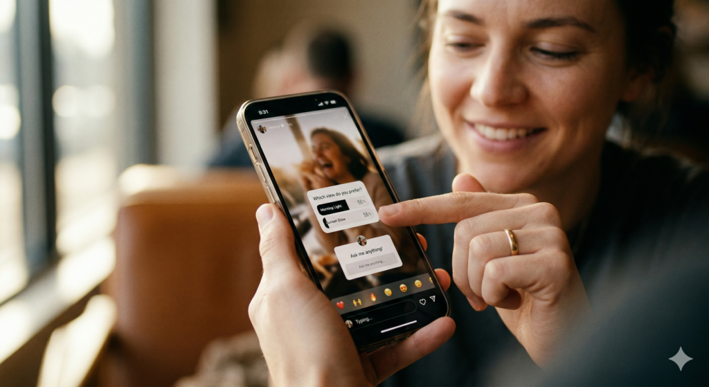 mulher mostrando tela de celular com stories