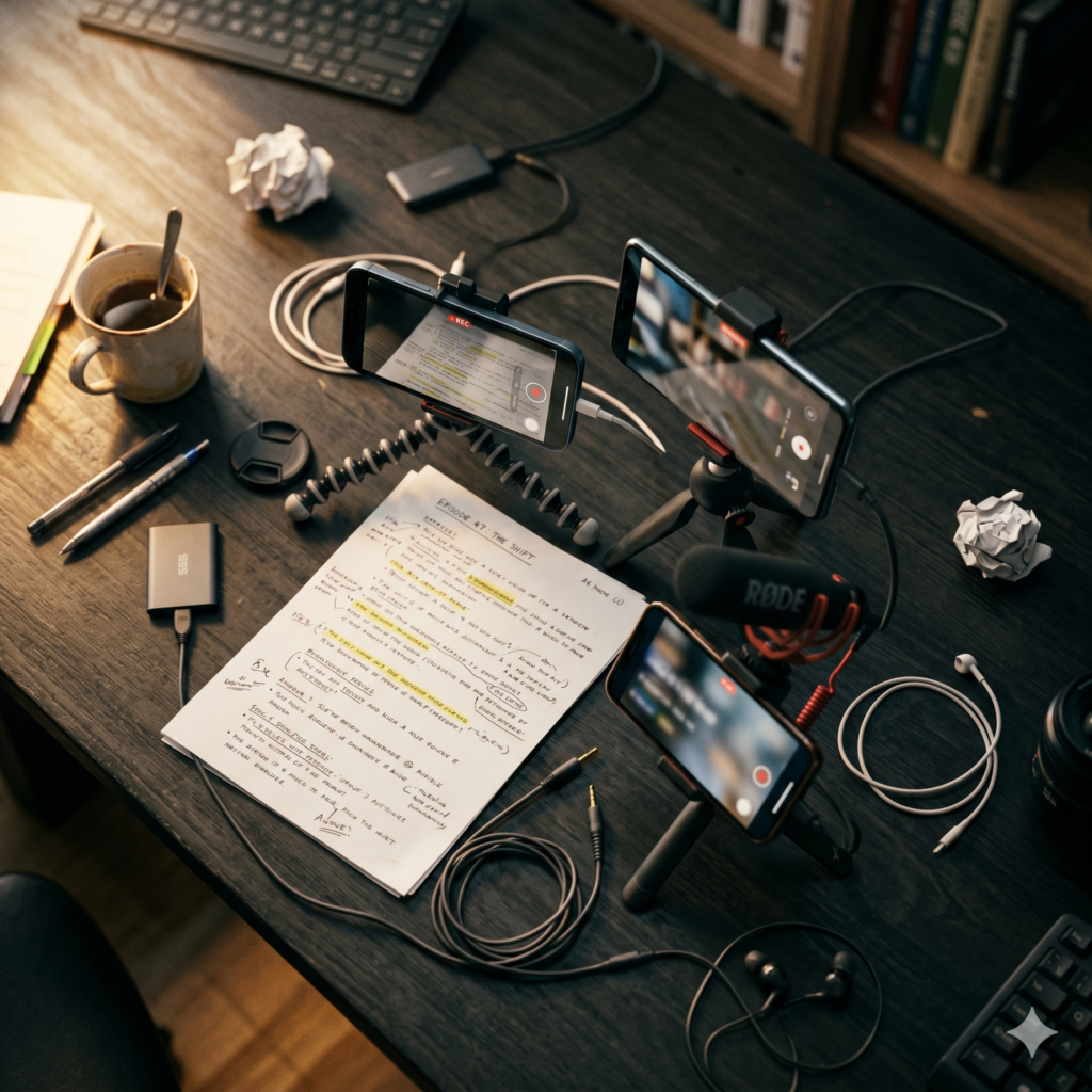 mesa de criador de conteúdo profissional com múltiplos smartphones e roteiro representando a frequência de cinco a sete Reels por semana para quem vive de conteúdo no Instagram