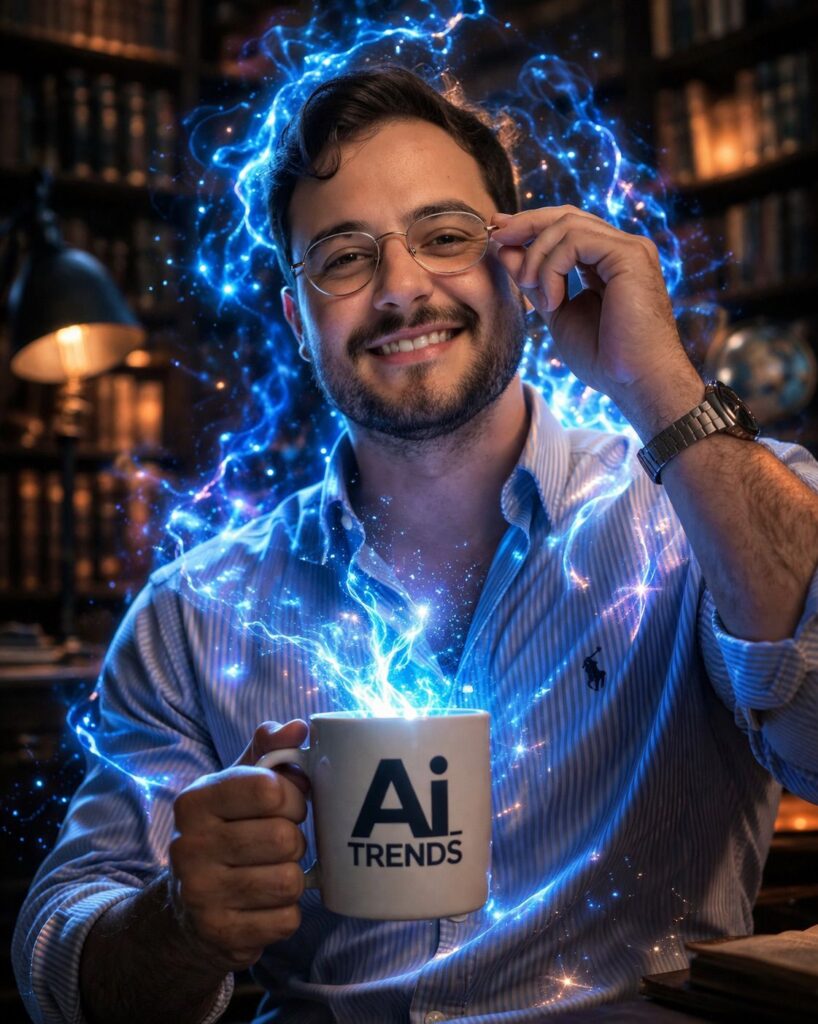 Foto criada com IA usando rosto como referência mostrando homem de camisa listrada segurando caneca AI Trends com plasma neon azul e poeira estelar saindo da caneca
