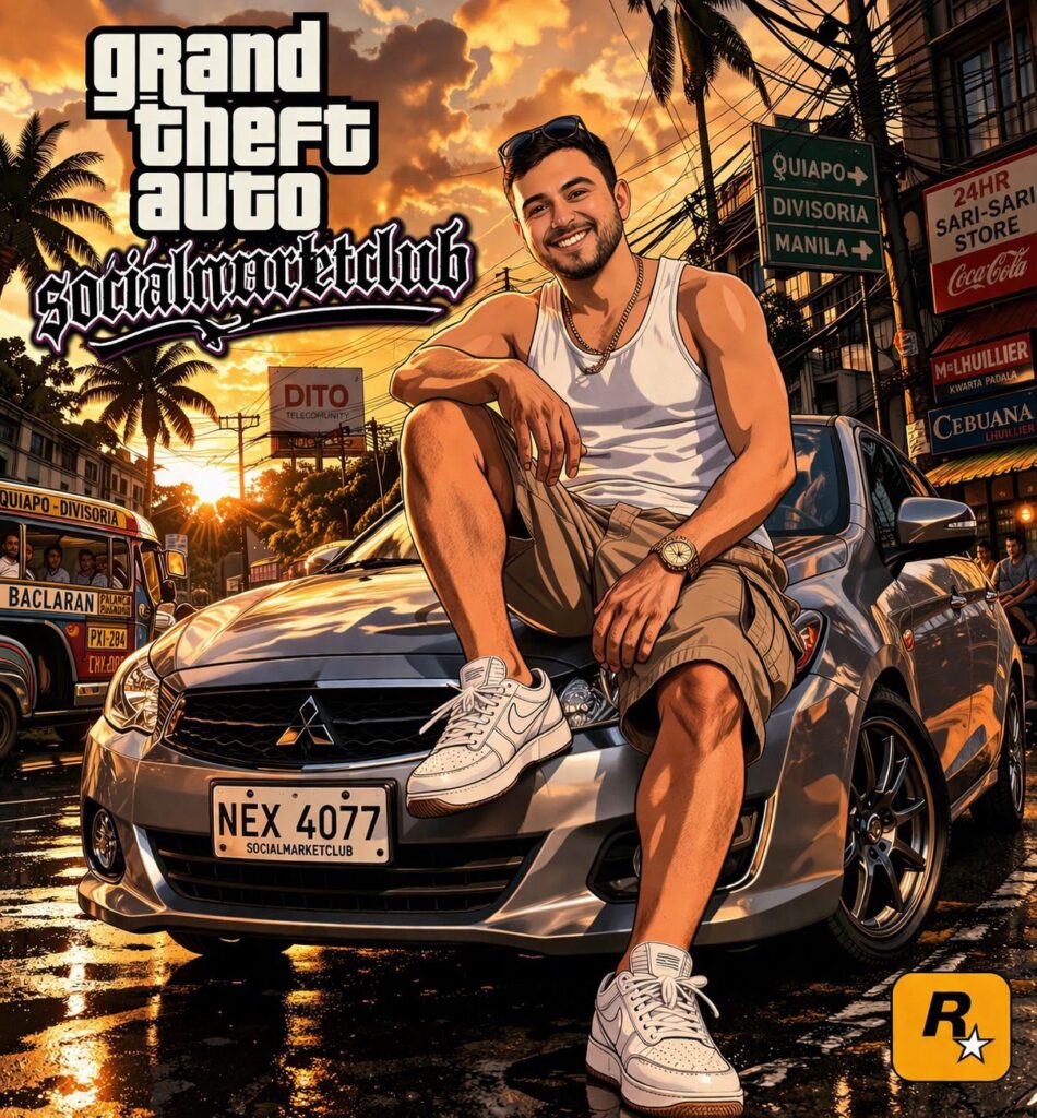 Foto de IA com rosto real no estilo ilustração GTA V loading screen mostrando homem sentado no capô de Mitsubishi Mirage em rua de Manila com pôr do sol cinematográfico
