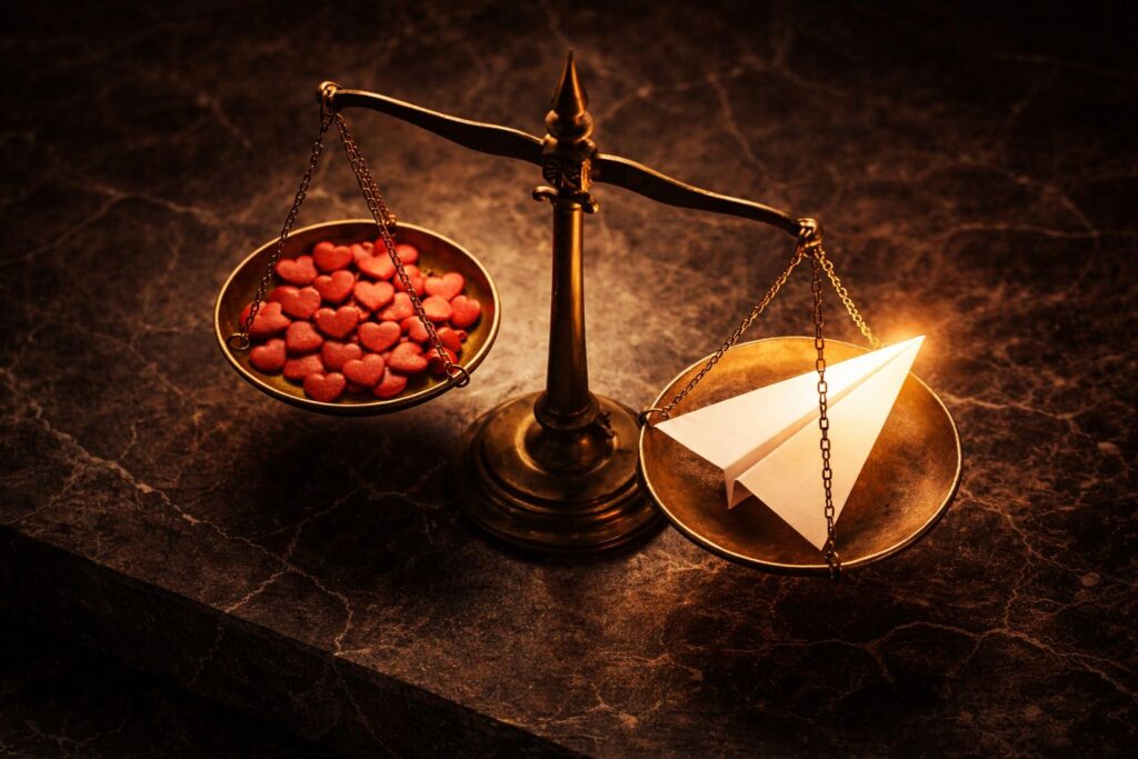 Balança antiga com corações de um lado e avião de papel mais pesado do outro representando por que o compartilhamento vale muito mais que a curtida para o algoritmo
