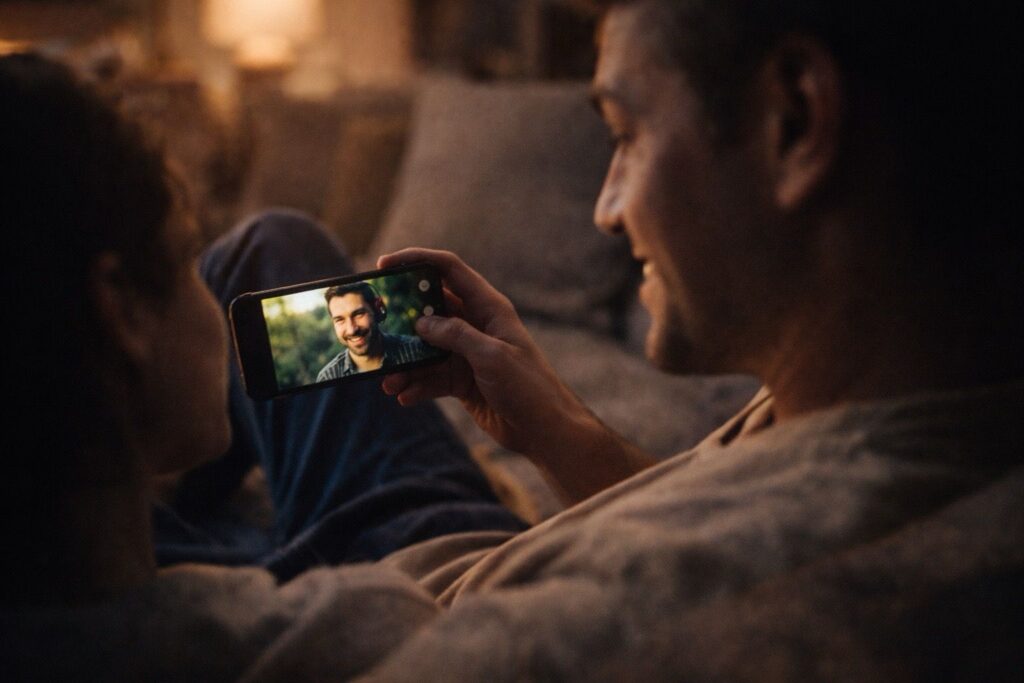 Duas pessoas compartilhando conteúdo em smartphone com expressão de identificação representando os motivos reais que fazem alguém enviar um post pelo direct para outra pessoa