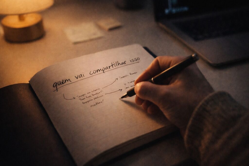 Pessoa escrevendo em caderno com pergunta estratégica sobre compartilhamento representando o planejamento consciente para criar conteúdo compartilhável no Instagram