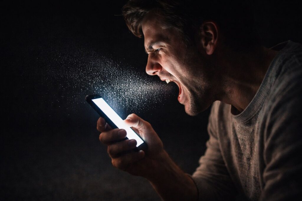 Homem gritando com o celular irritado 