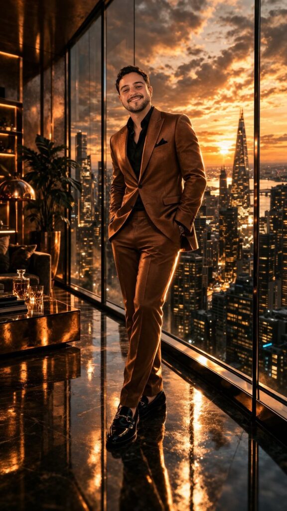 Foto gerada por IA com rosto real mostrando homem em terno cobre em frente a parede de vidro com skyline de cidade ao fundo e iluminação cinematográfica dramática
