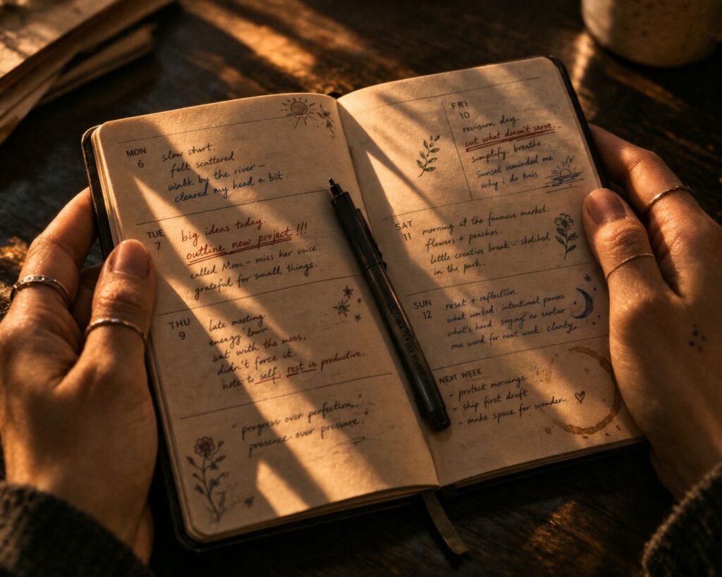 Mãos segurando agenda aberta com anotações manuscritas em cores diferentes representando o planejamento intencional e variado do calendário emocional de conteúdo nas redes sociais