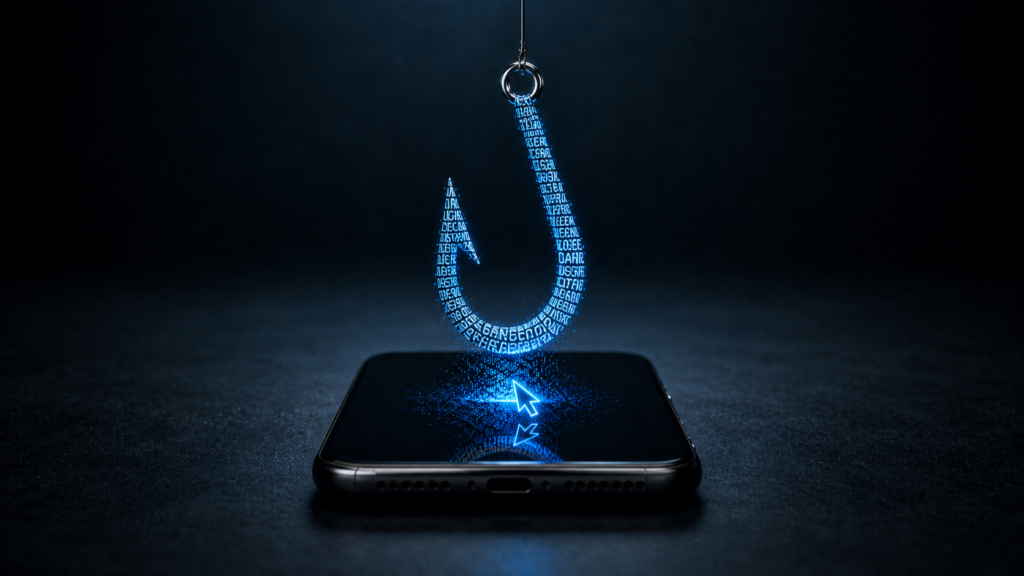 Anzol formado por fragmentos de texto saindo da tela de um celular, simbolizando fisgar atenção