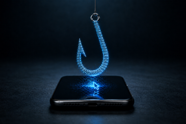 Anzol formado por fragmentos de texto saindo da tela de um celular, simbolizando fisgar atenção