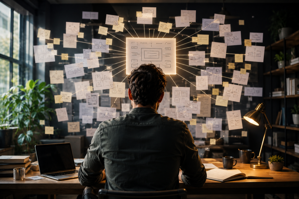 Profissional desenvolvendo uma estratégia de conteúdo com apoio de inteligência artificial, conectando ideias, pautas e planejamentos em um ambiente criativo de trabalho.
