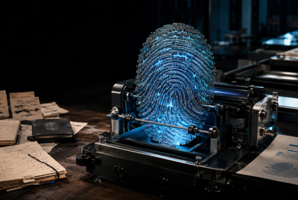 Impressão digital azul sendo processada por uma máquina editorial, simbolizando o uso do tom de voz da marca em conteúdos criados com inteligência artificial.