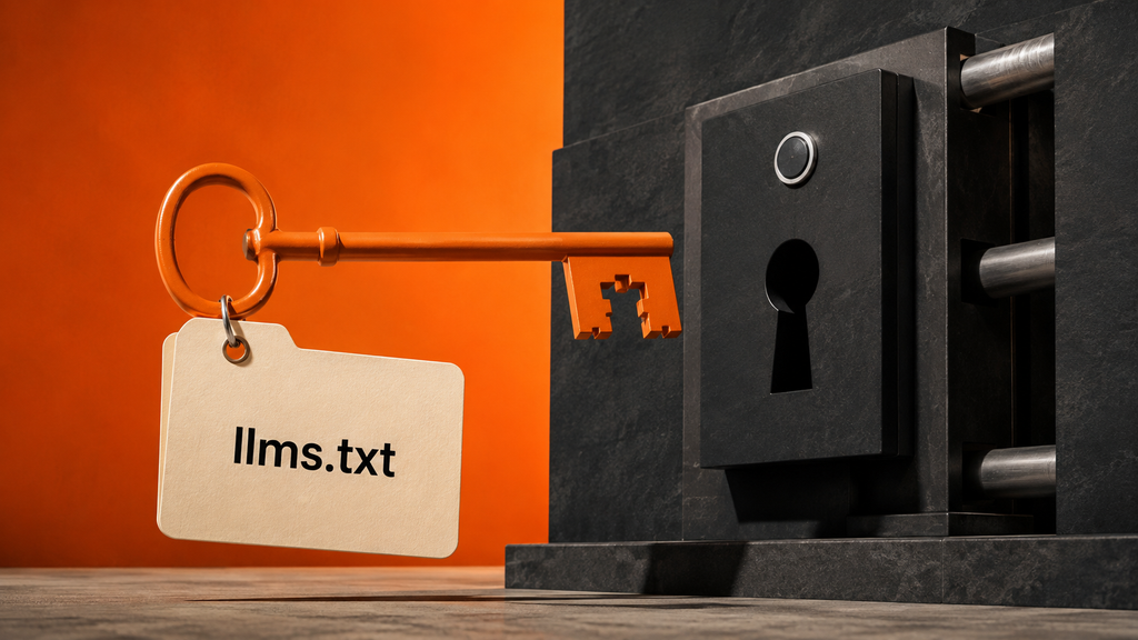 Chave laranja com etiqueta “llms.txt” diante de um grande cofre preto, representando o arquivo como apoio de acesso, não como solução isolada para aparecer nas IAs.