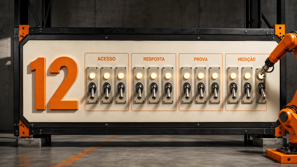 Painel industrial com 12 controles divididos entre acesso, resposta, prova e medição, representando um checklist para avaliar se um site está preparado para aparecer nas respostas de IA.
