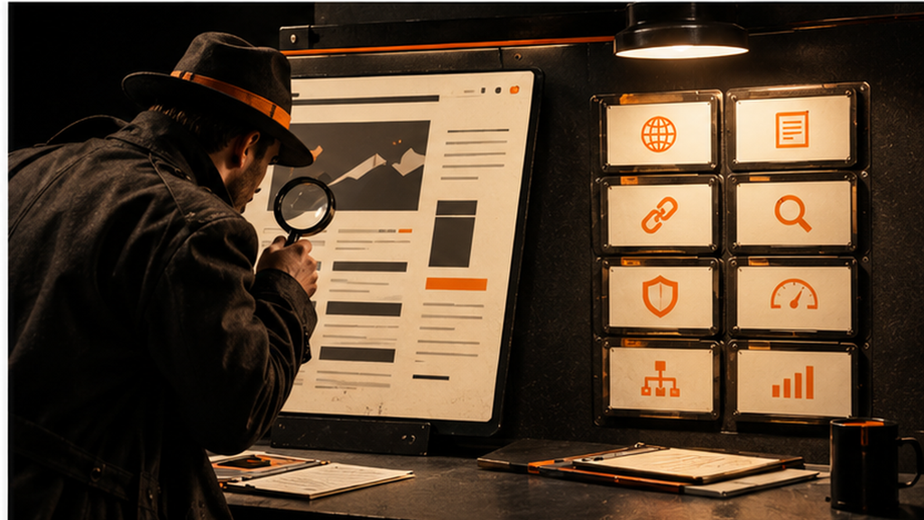 Profissional analisando uma página com lupa diante de indicadores técnicos, representando um teste de rastreabilidade, acesso, estrutura e conteúdo de um site.