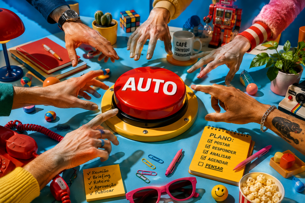 Várias mãos tentam apertar um grande botão AUTO, representando a vontade de automatizar tarefas de redes sociais.