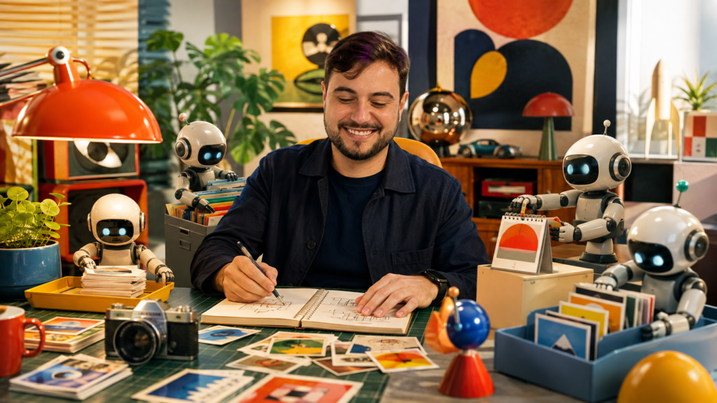Matheus cria em uma mesa de trabalho enquanto pequenos robôs organizam arquivos, fotos e tarefas operacionais ao redor.