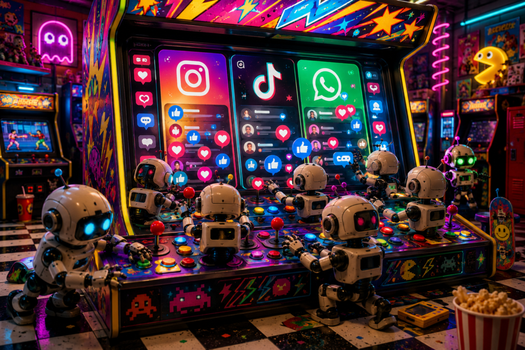 Robôs operam um fliperama inspirado em redes sociais, representando interações que não deveriam ser automatizadas.