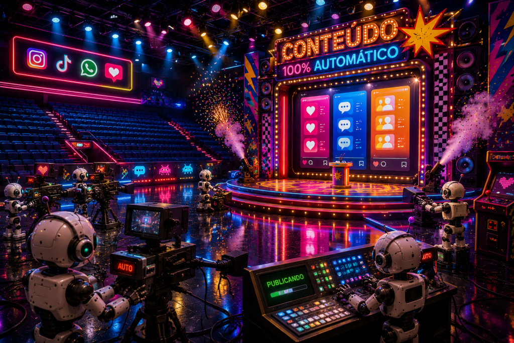 Palco colorido de programa de TV funciona automaticamente diante de uma plateia completamente vazia, simbolizando queda de alcance.