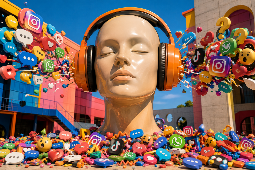Escultura com headphones ignora mensagens, áudios e reações ao redor, simbolizando o aprendizado perdido com automação excessiva.