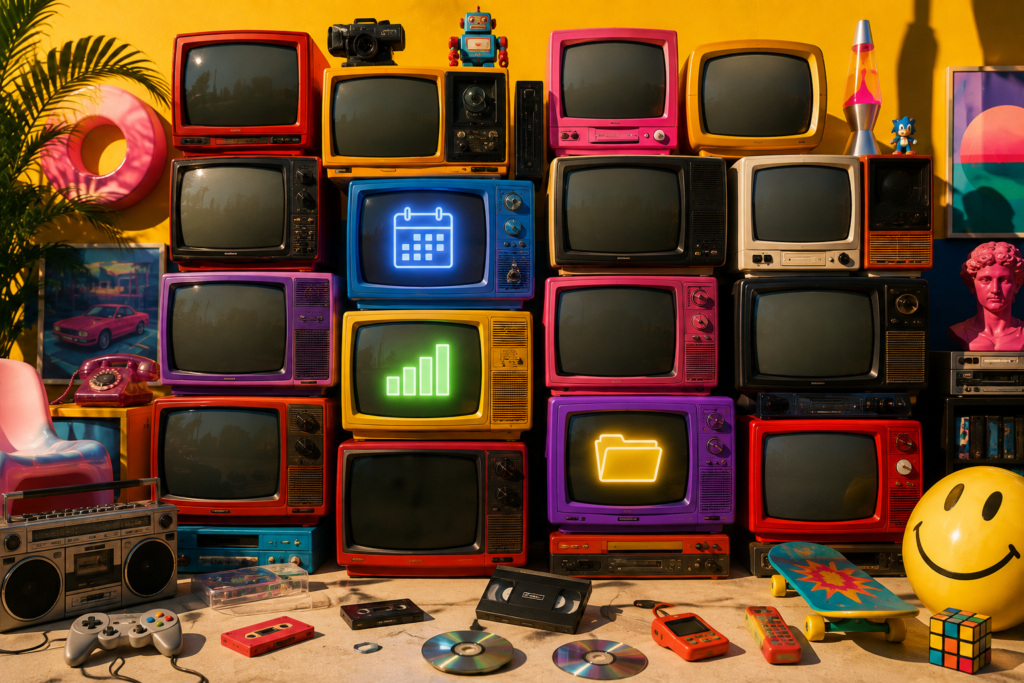 Parede colorida de TVs retrô com a maioria das telas desligadas e poucas funções automáticas ativas.
