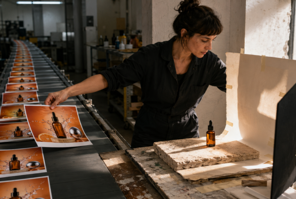 Diretora de arte retira anúncios idênticos de sérum de uma esteira e recria a fotografia do produto em um cenário feito à mão.