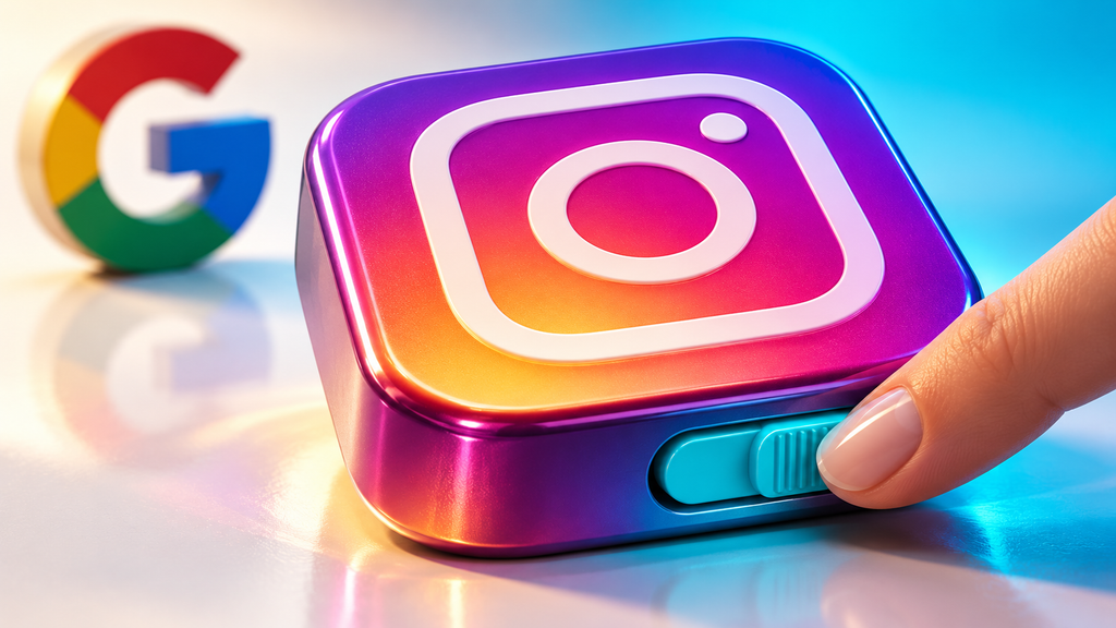Dedo aciona um interruptor em uma peça com o ícone do Instagram, diante de um símbolo do Google.