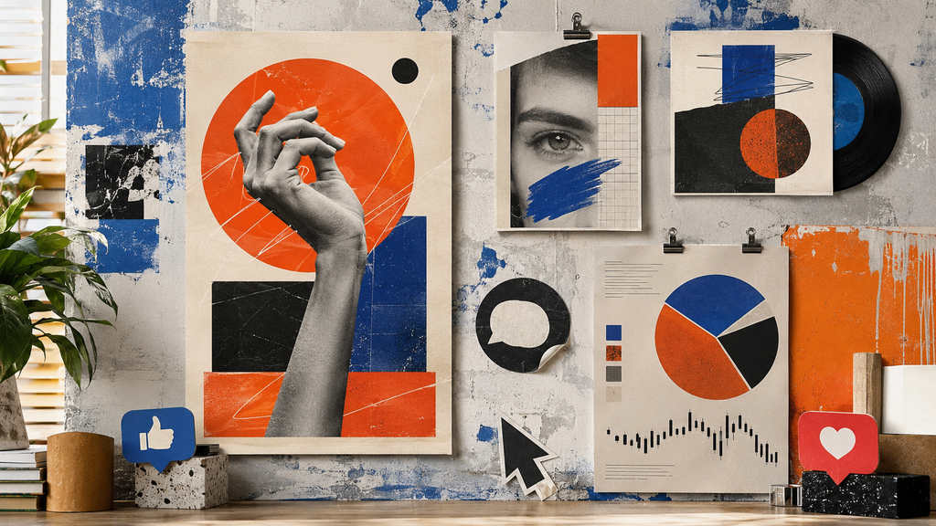 Composição reúne pôster, capa editorial, colagem e elementos de interação como formatos para criar imagens de redes sociais no ChatGPT.