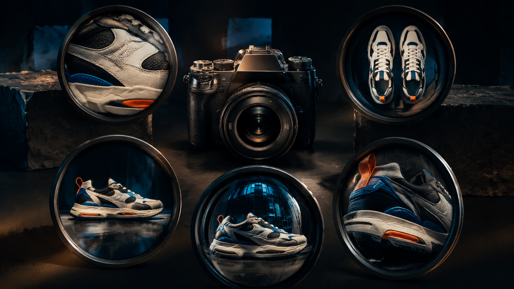 Câmera enquadra um tênis por diferentes ângulos e lentes para representar códigos de fotografia usados na criação de imagens no ChatGPT.