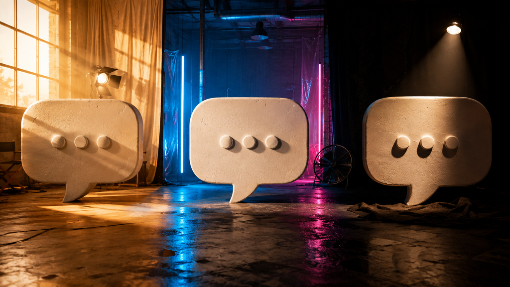 Balões de comentário recebem luz dourada, neon e chiaroscuro para mostrar como a iluminação muda imagens geradas no ChatGPT.