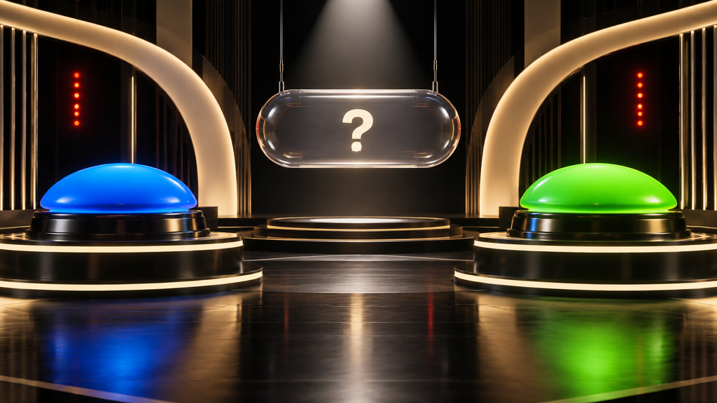 Palco inspirado em game show apresenta dois botões de enquete e uma caixa de perguntas suspensa.