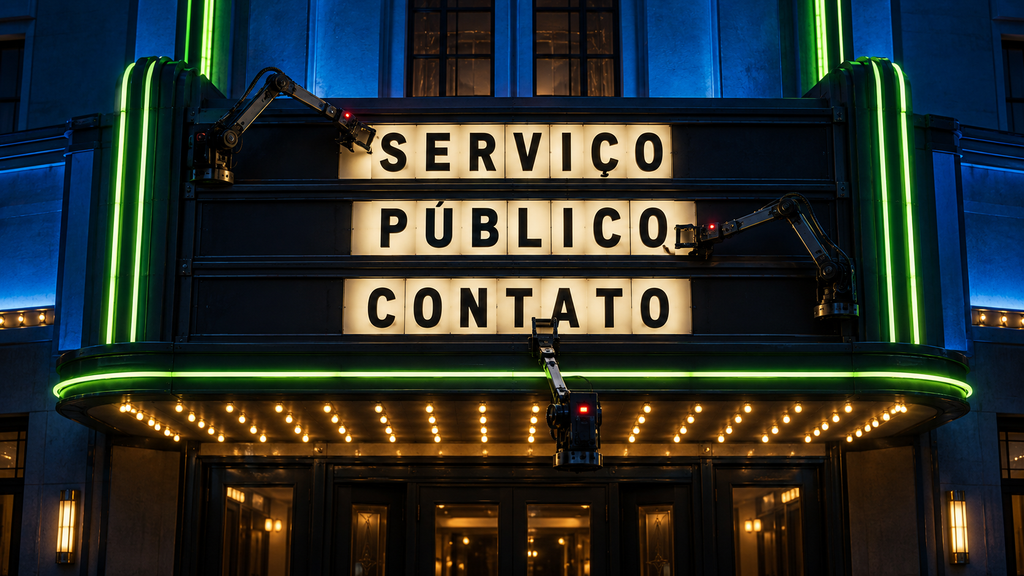 Letreiro de cinema apresenta as palavras serviço, público e contato enquanto braços mecânicos organizam as letras.
