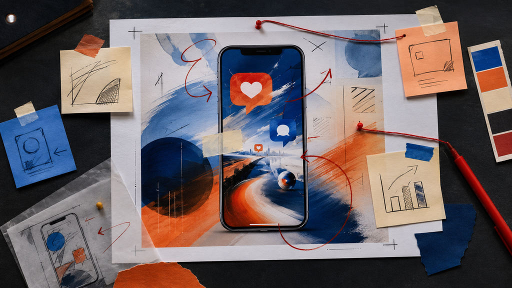 Campanha para smartphone recebe setas, post-its, marcações e comentários visuais em uma mesa de revisão criativa.