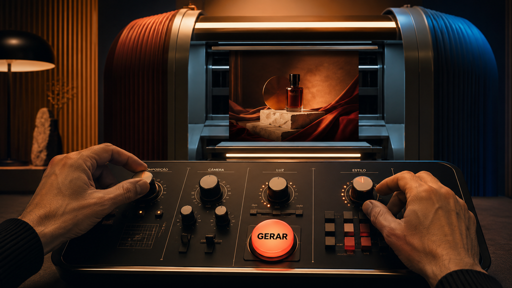 Mãos controlam composição, câmera, luz e estilo enquanto uma máquina executa a geração de uma imagem publicitária.
