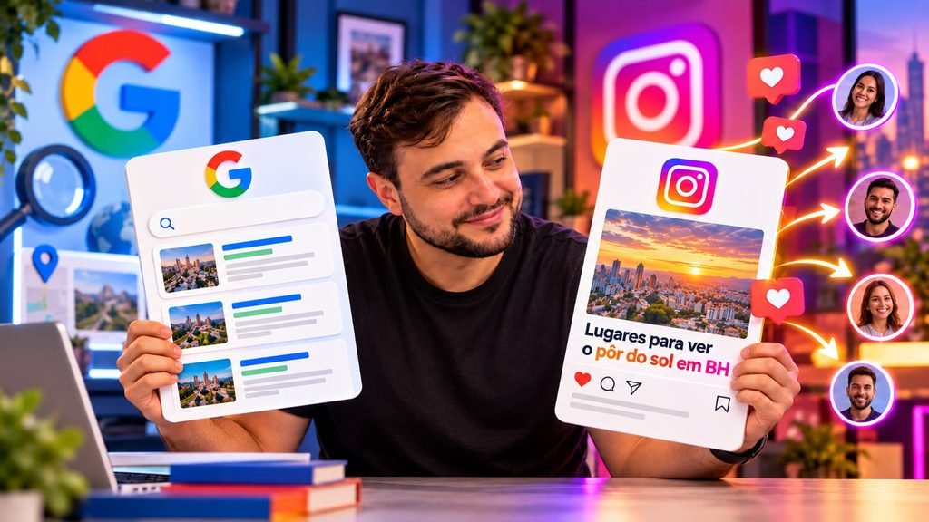 Matheus de Paula segurando representações de resultados do Google e de uma publicação no Instagram, ilustrando como marcas podem ganhar visibilidade nas buscas e nas redes sociais.