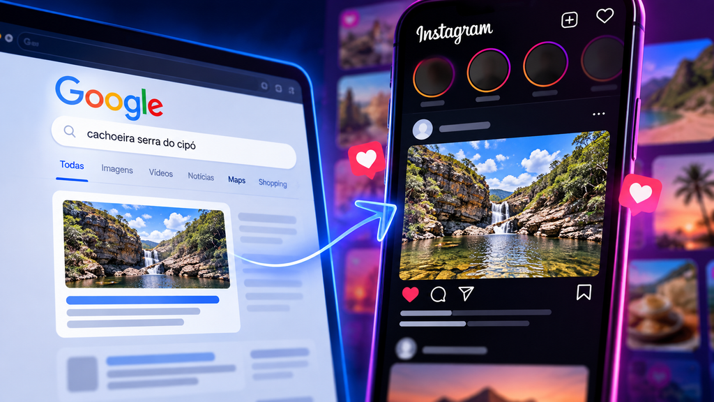 Tela do Google com resultado de busca por cachoeira conectado a uma publicação no Instagram com a mesma imagem, ilustrando como conteúdos da rede social podem aparecer nas pesquisas do Google.