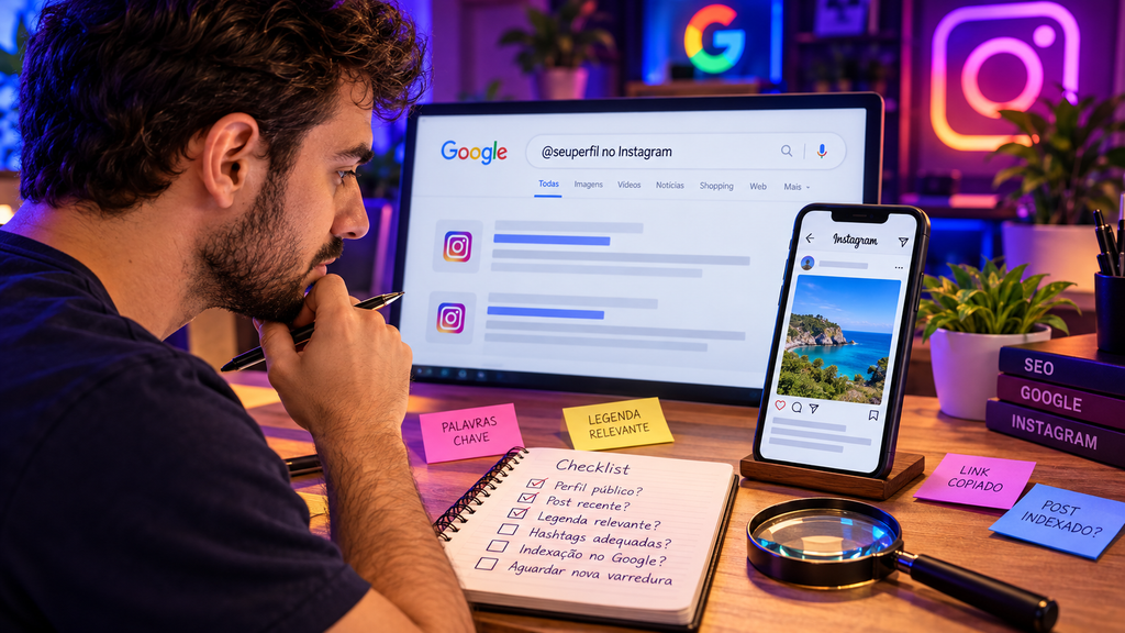 Homem analisando resultados do Google relacionados a um perfil do Instagram, com celular exibindo uma publicação e anotações sobre SEO, palavras-chave, legenda e indexação no Google.