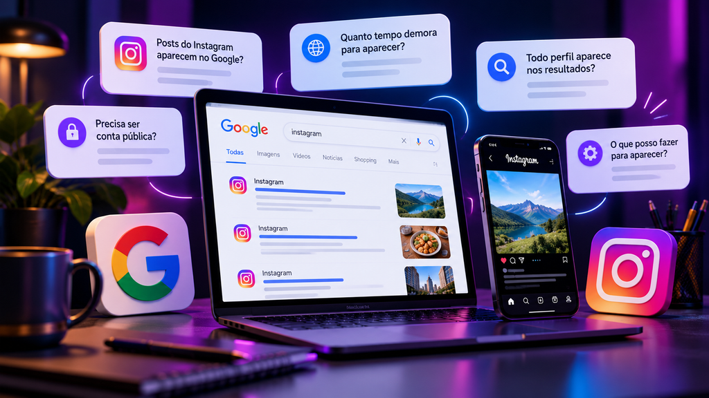 Notebook exibindo resultados do Google relacionados ao Instagram, ao lado de um smartphone com uma publicação da rede social e perguntas sobre indexação, aparição nos resultados e tempo para o conteúdo aparecer no Google.