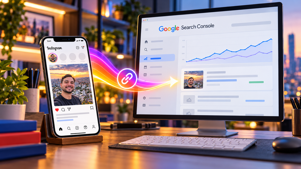 Smartphone com publicação do Instagram ao lado de uma tela do Google Search Console, ilustrando a conexão entre conteúdo publicado nas redes sociais e seu desempenho nas buscas do Google.