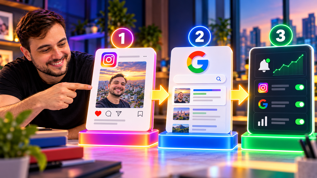 Matheus de Paula apontando para um fluxo em três etapas que conecta uma publicação no Instagram aos resultados do Google e ao monitoramento de desempenho, representando publicação, indexação e acompanhamento de resultados.