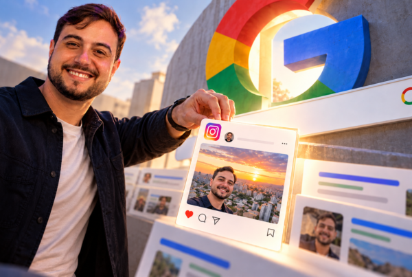 Matheus de Paula segurando uma publicação do Instagram diante de uma interface de busca do Google, ilustrando como conteúdos publicados nas redes sociais podem ganhar visibilidade nos resultados de pesquisa.