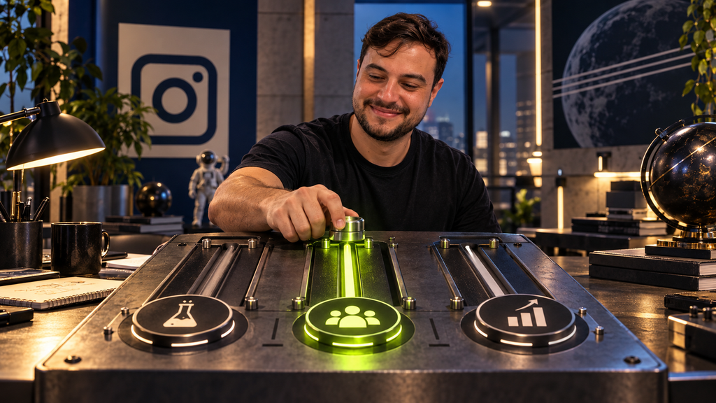 Matheus de Paula operando um painel estratégico de anúncios com opções visuais para testar, gerar leads e escalar campanhas no Instagram.