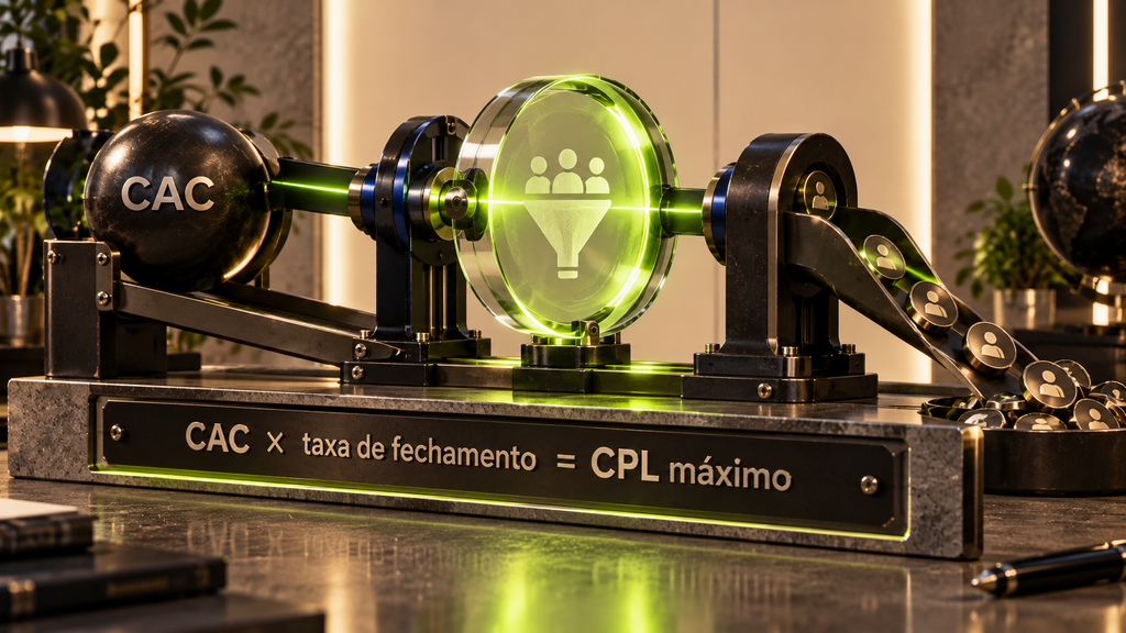 Máquina mecânica representa o cálculo que transforma CAC e taxa de fechamento em CPL máximo para campanhas de anúncios.