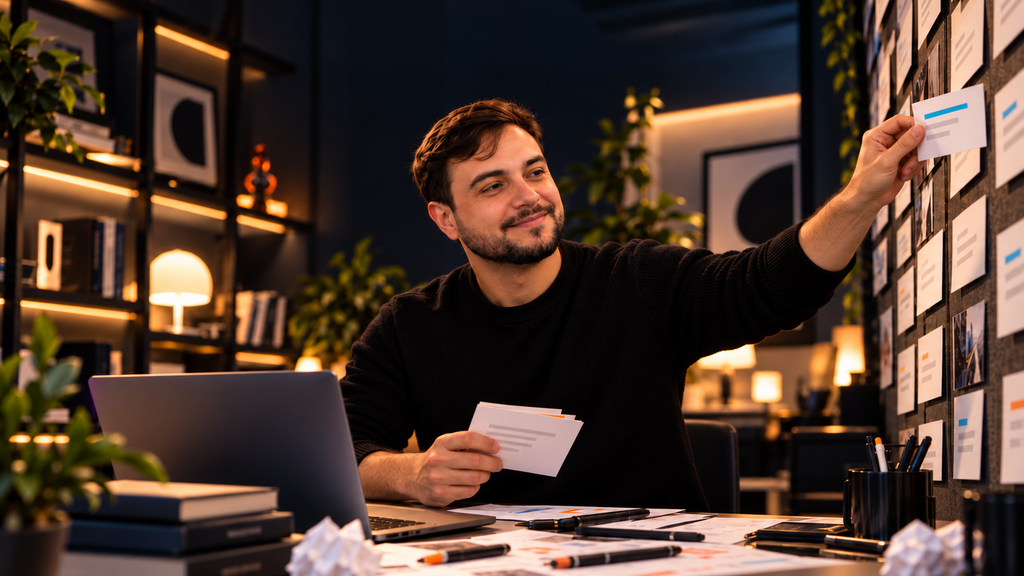 Profissional analisando cartões e organizando ideias em um estúdio criativo, representando a revisão de uma copy para deixá-la mais natural e convincente.