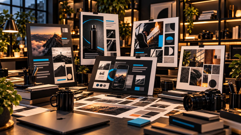 Estúdio criativo apresenta painéis com diferentes conceitos de anúncios, fotografias de produtos e composições publicitárias.