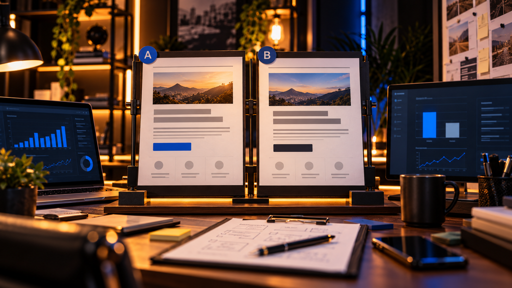 Duas versões de uma página publicitária, identificadas como A e B, são comparadas em um estúdio com gráficos de desempenho nos monitores.